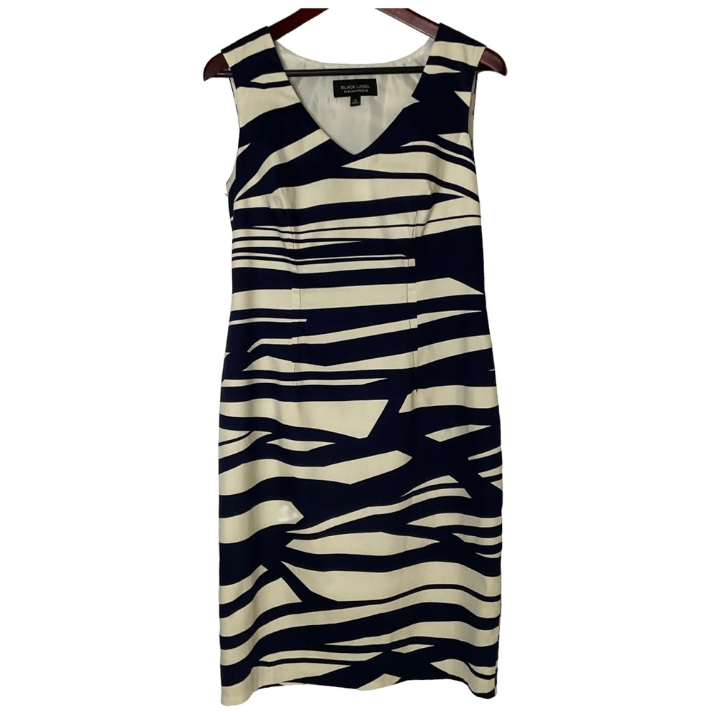 Black Label by Evan Picone Navy White Sleeveless Sheath Side Zip Dress; Size 8